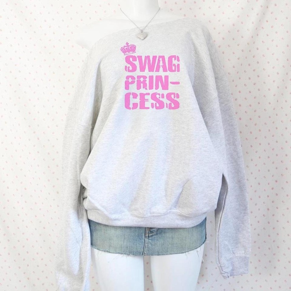 y2k swag princess off shoulder sweatshirt mcbling tumblr saint pink